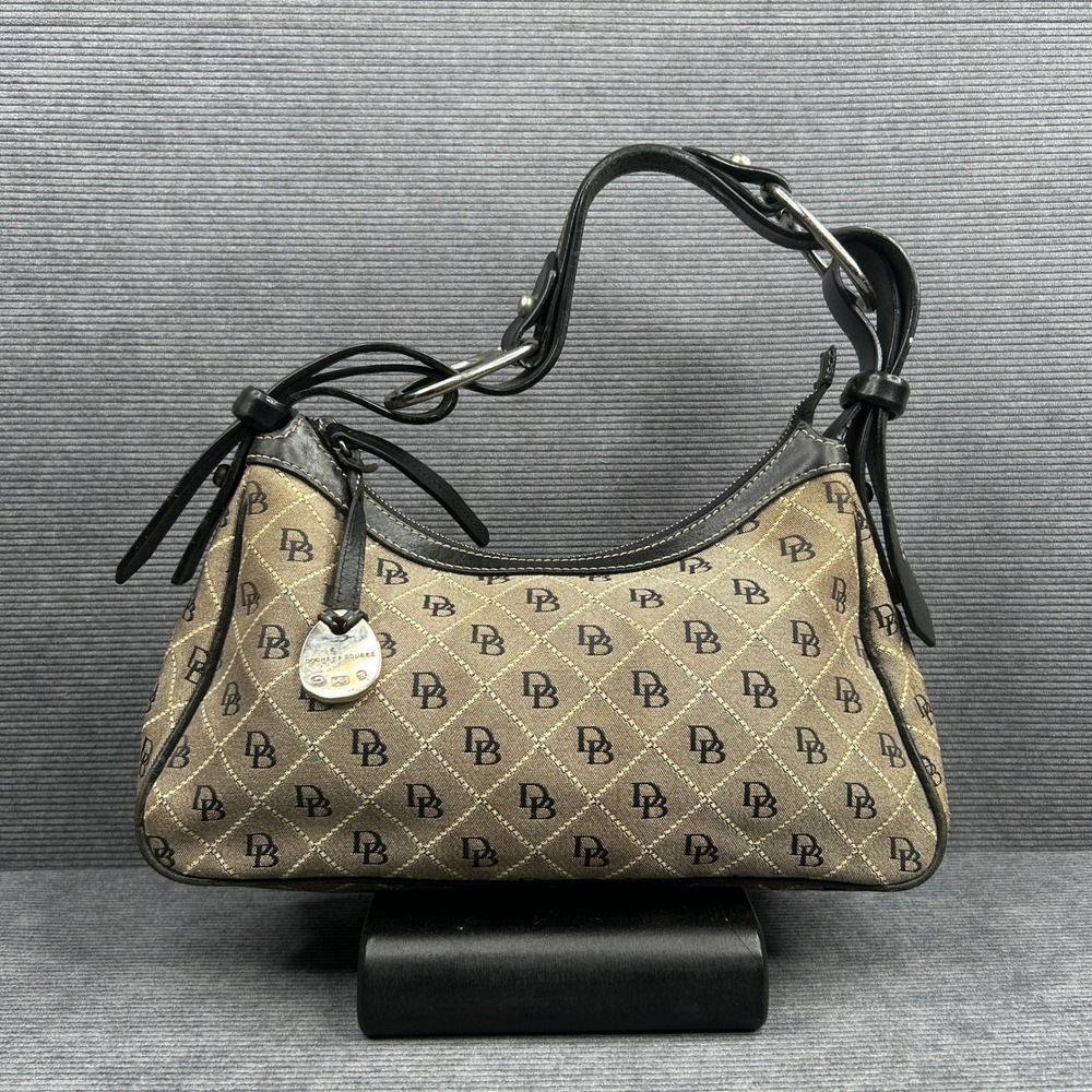 Dooney & Bourke Monogram Canvas Shoulder Bag Brown Black Leather Hobo Baguette